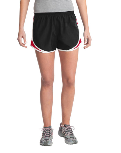 Front View of Blk/Tr Red/Wht Sport-Tek Women's Cadence Short. LST304  - L