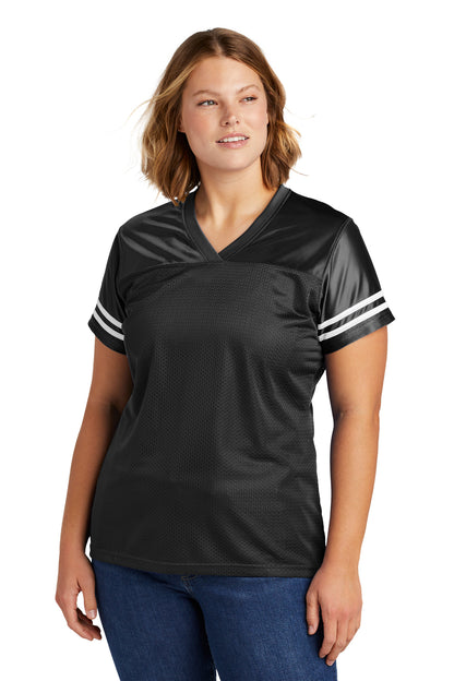 Front View of Black/White Sport-Tek Women's PosiCharge Replica Jersey. LST307  - M