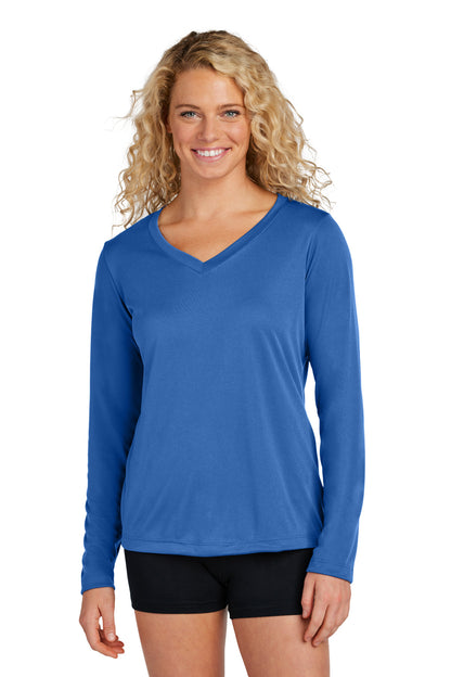 Front View of True Royal Sport-Tek Women's Long Sleeve PosiCharge Competitor V-Neck Tee. LST353LS  - 3XL