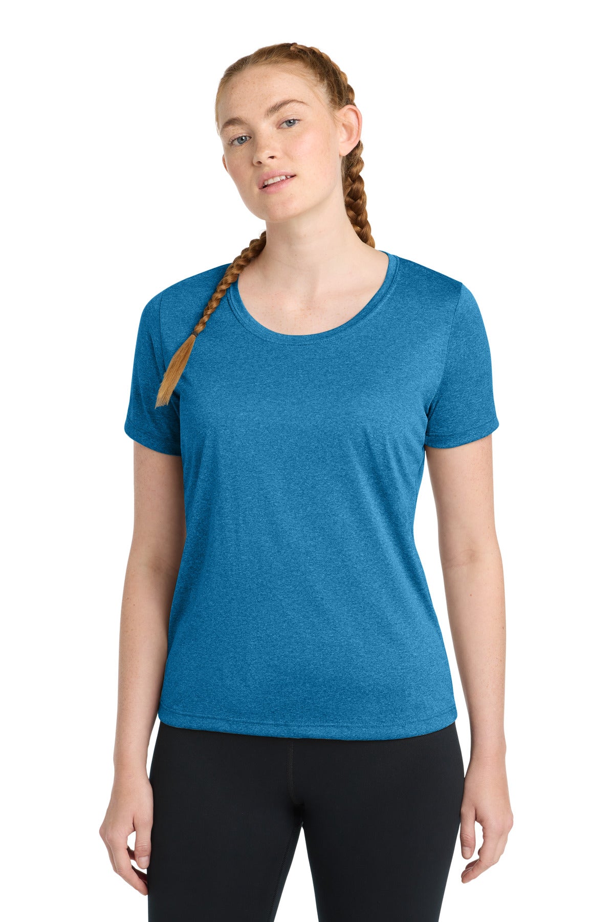 Front View of Blue Wake Hthr Sport-Tek Women's Heather Contender Scoop Neck Tee. LST360  - L