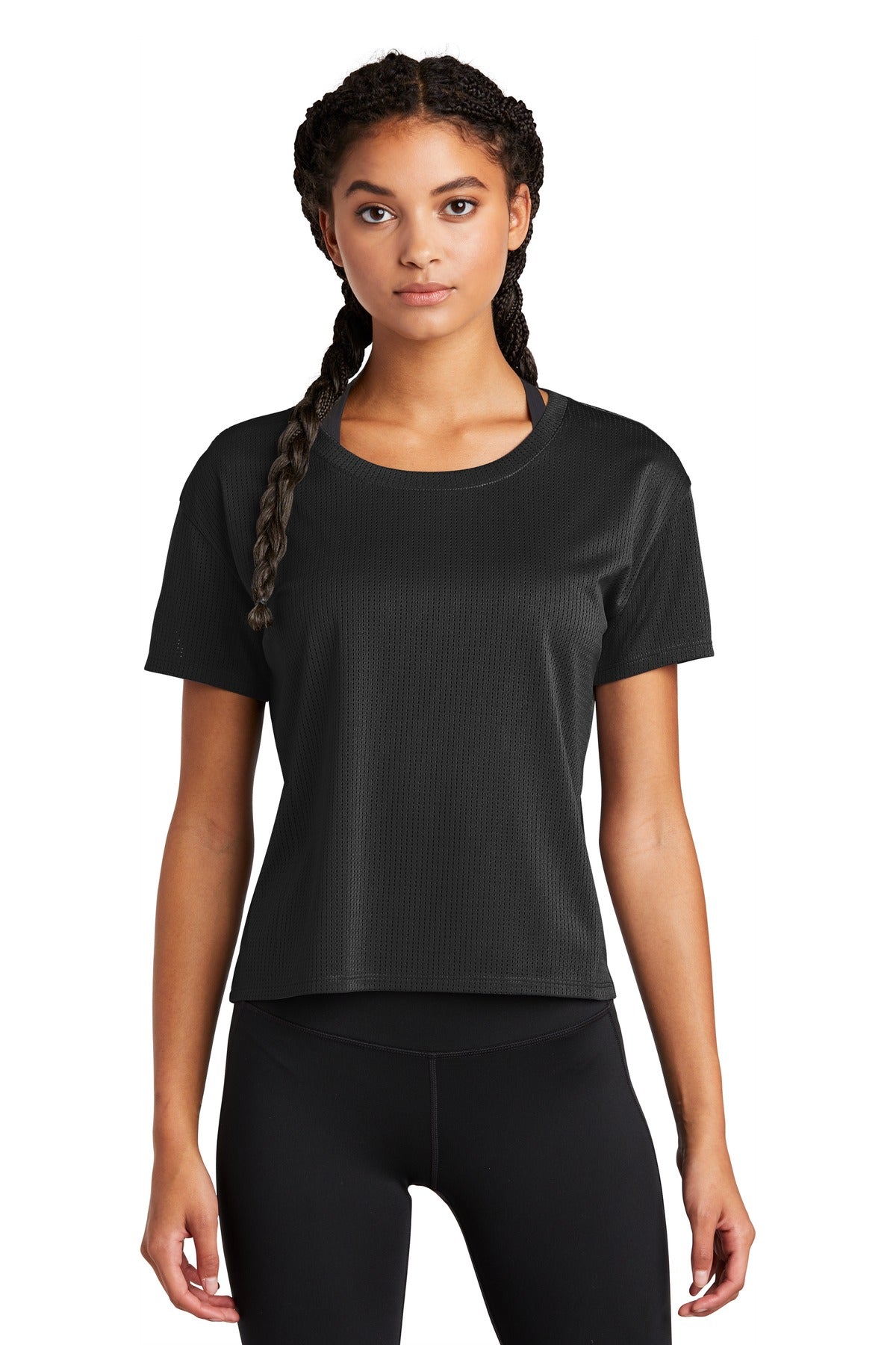 Front View of Black Sport-Tek Women's PosiCharge Draft Crop Tee. LST411  - XS