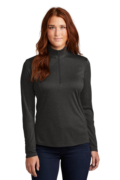 Front View of Black Hthr Sport-Tek Women's Endeavor 1/2-Zip Pullover. LST469  - M