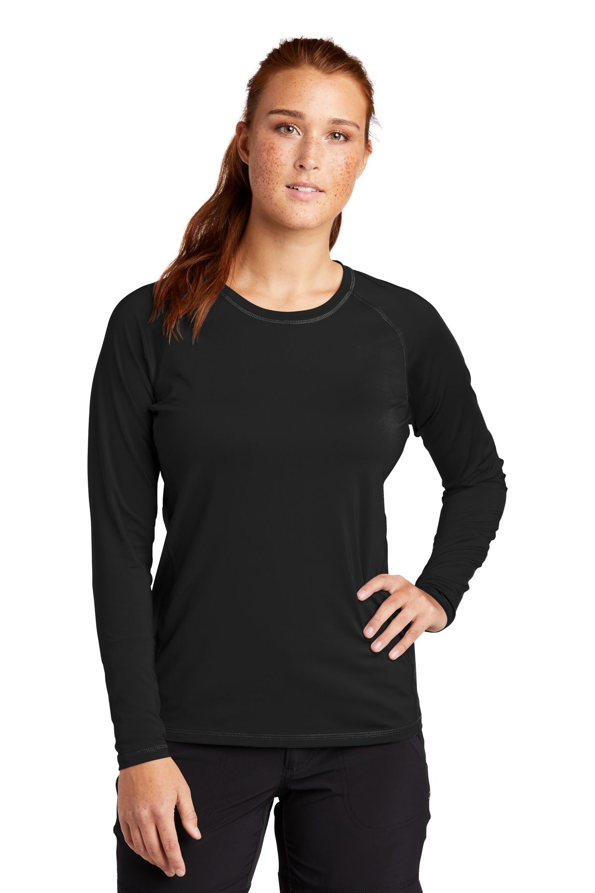 Front View of Black Sport-Tek Women's Long Sleeve Rashguard Tee. LST470LS  - XL