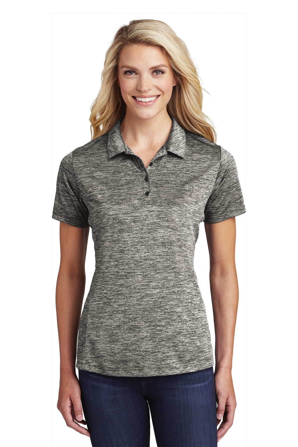 Front View of Black Electric Sport-Tek Women's PosiCharge Electric Heather Polo. LST590  - 3XL
