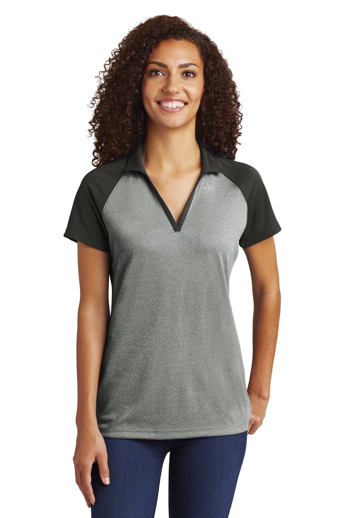 Front View of Grey Hthr/Blk Sport-Tek Women's PosiCharge RacerMesh Raglan Heather Block Polo. LST641  - L