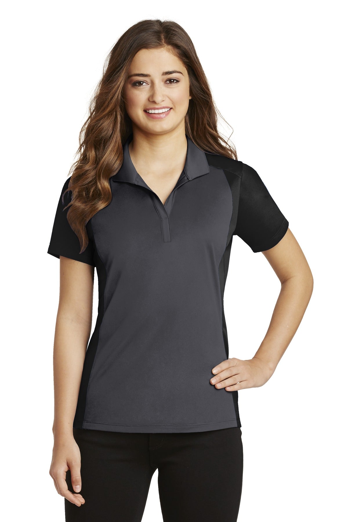 Front View of Iron Gy/Black Sport-Tek Women's Colorblock Micropique Sport-Wick Polo. LST652  - XS
