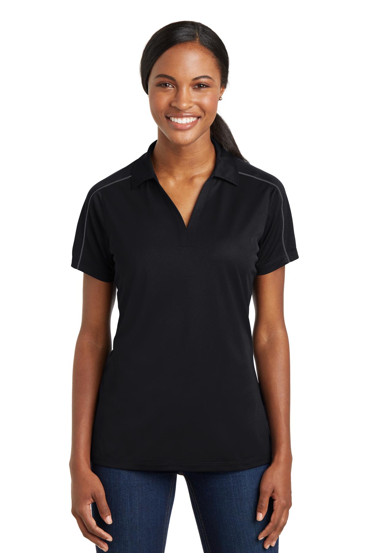 Front View of Blk/Iron Grey Sport-Tek Women's Micropique Sport-Wick Piped Polo. LST653  - XXL