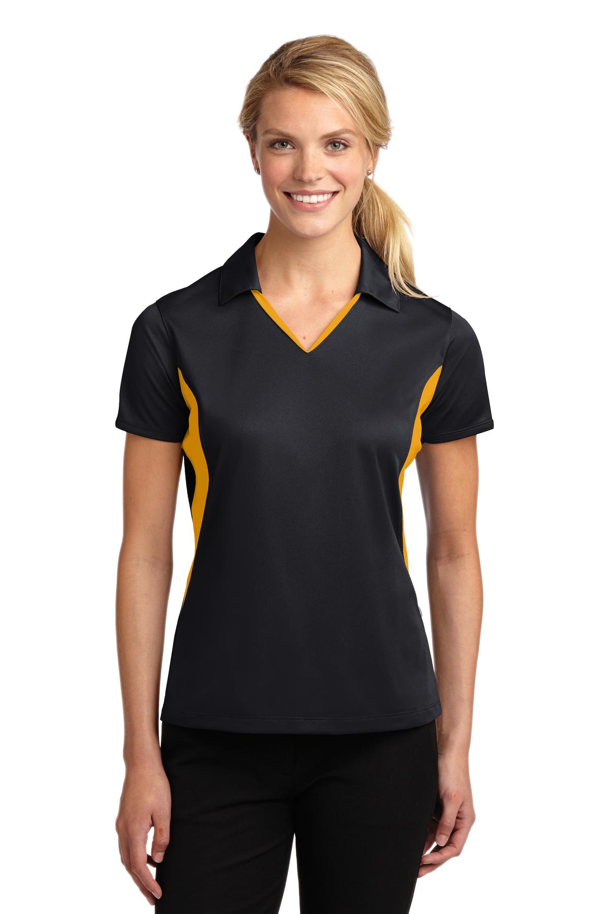 Front View of Black/Gold Sport-Tek Women's Side Blocked Micropique Sport-Wick Polo. LST655  - XXL