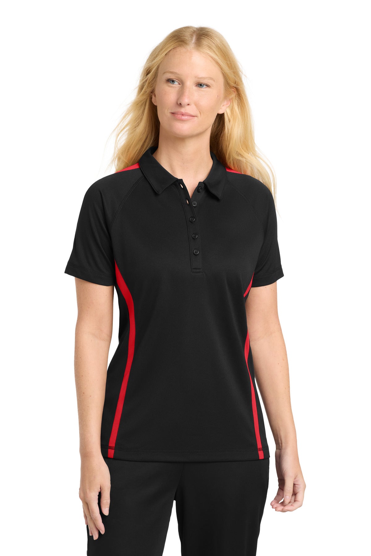 Front View of Black/Tr Red Sport-Tek Women's PosiCharge Micro-Mesh Colorblock Polo. LST685  - M