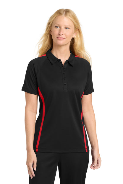 Front View of Black/Tr Red Sport-Tek Women's PosiCharge Micro-Mesh Colorblock Polo. LST685  - M