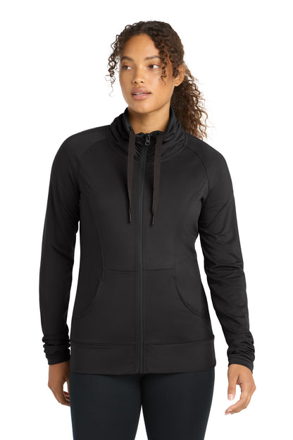Front View of Black Sport-Tek Women's Sport-Wick Stretch Full-Zip Jacket. LST852  - XXL