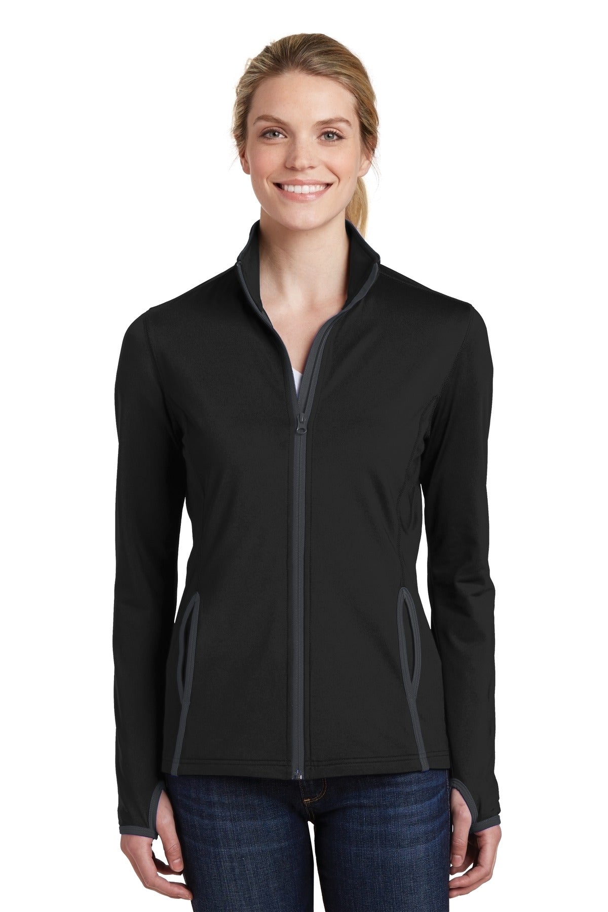 Front View of Blk/Char Grey Sport-Tek Women's Sport-Wick Stretch Contrast Full-Zip Jacket. LST853  - M