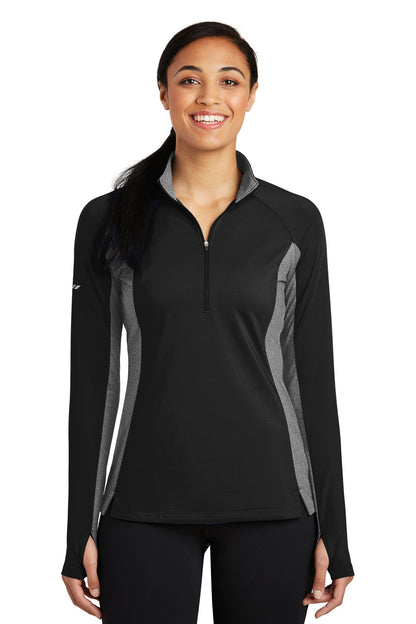 Front View of Black/Ch Gy He Sport-Tek Women's Sport-Wick Stretch Contrast 1/4-Zip Pullover. LST854  - S