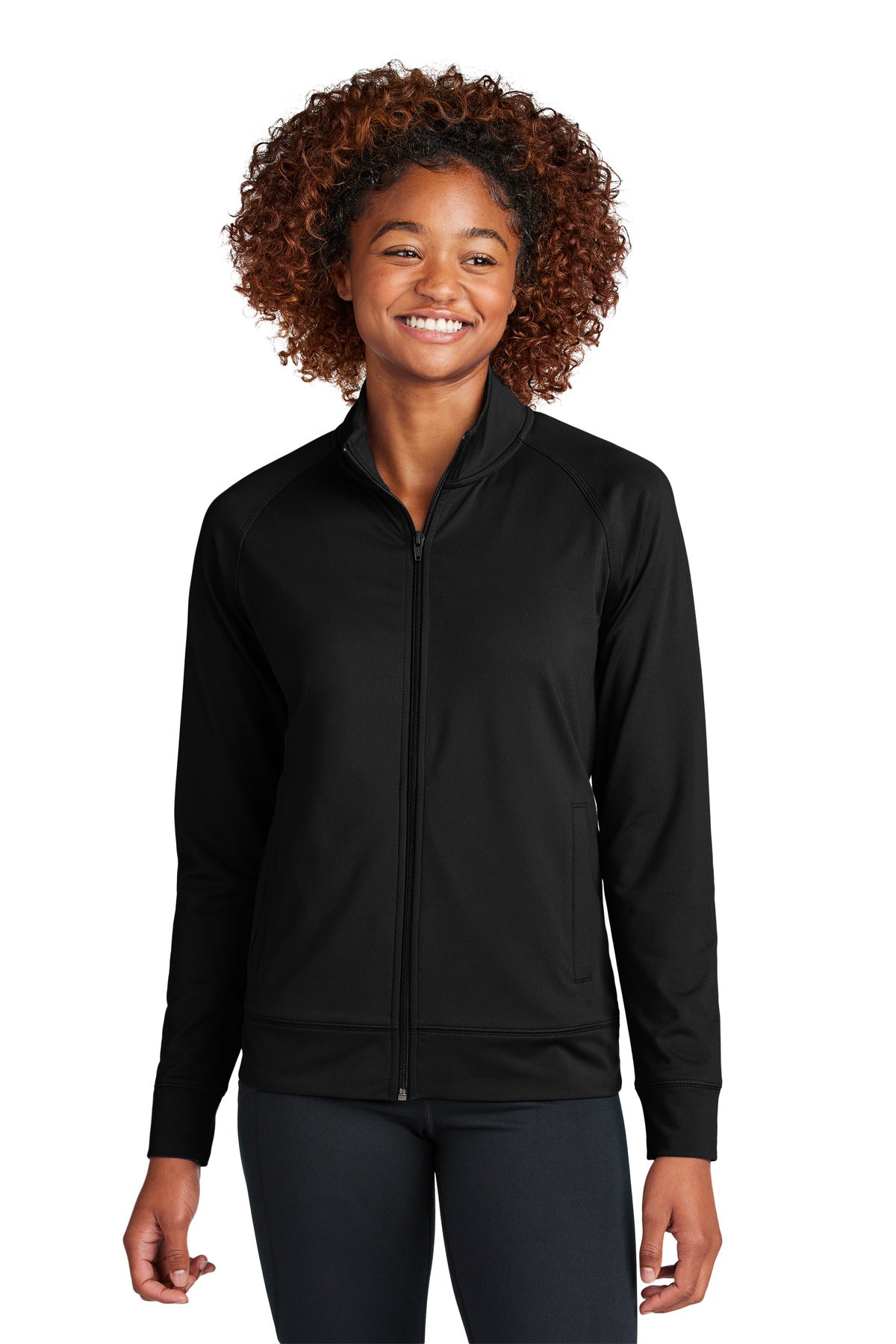 Front View of Black Sport-Tek Women's Sport-Wick Stretch Full-Zip Cadet Jacket LST857  - XS