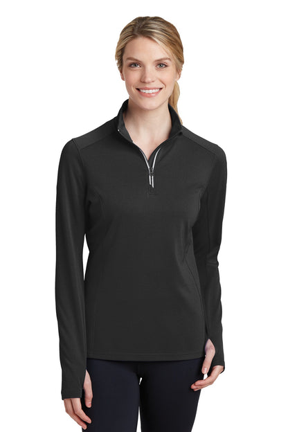 Front View of Black Sport-Tek Women's Sport-Wick Textured 1/4-Zip Pullover. LST860  - S