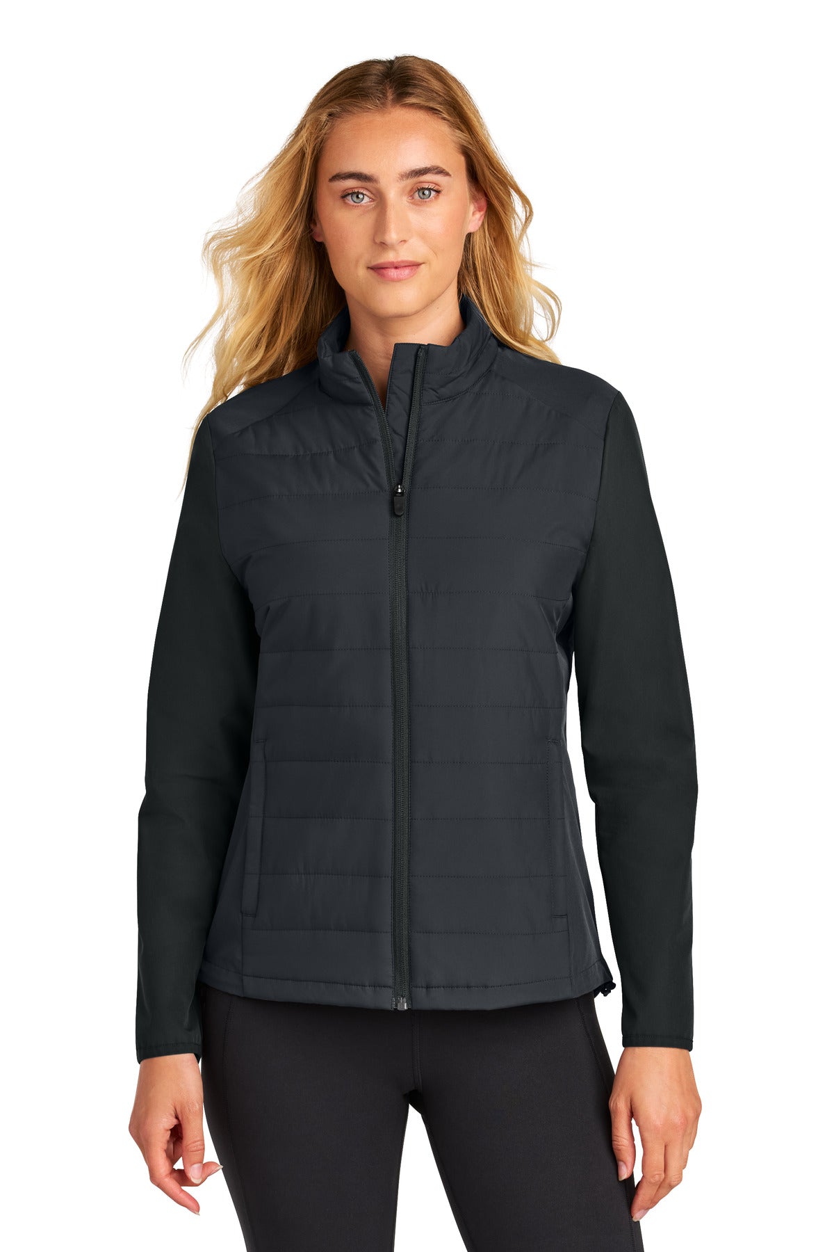 Front View of Black Sport-Tek Women's Teknical Hybrid Jacket LST940  - 3XL
