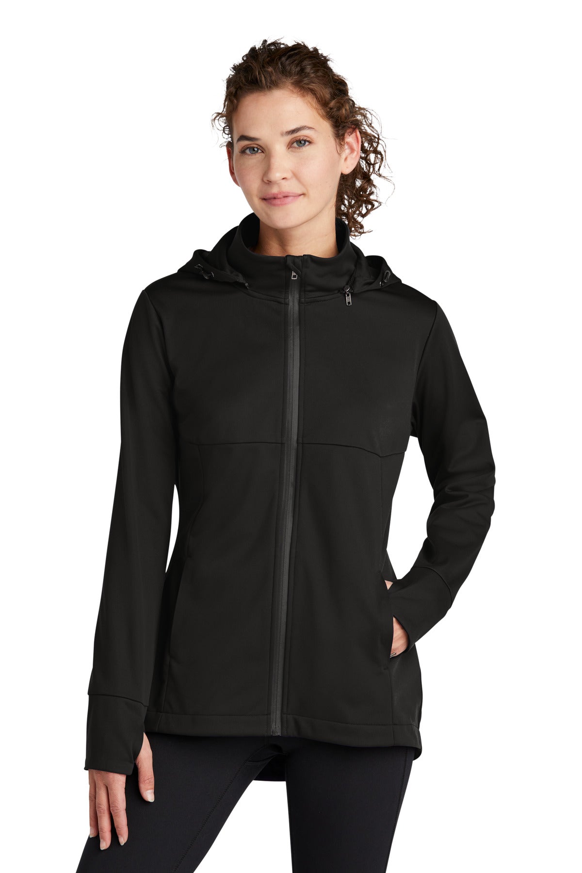 Front View of DeepBlack Sport-Tek Women's Hooded Soft Shell Jacket LST980  - 4XL