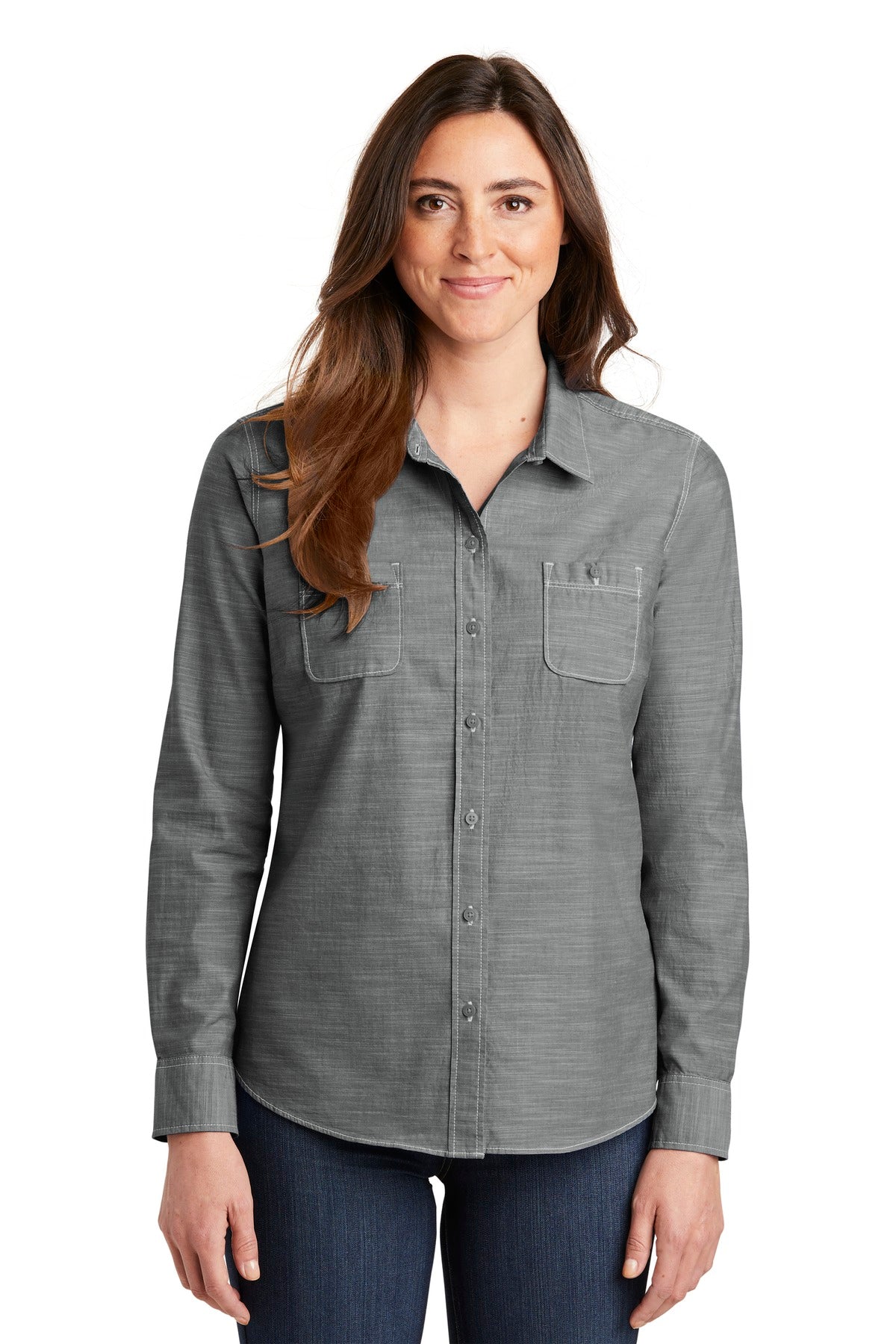 Front View of Grey Port Authority Women's Slub Chambray Shirt. LW380  - 4XL