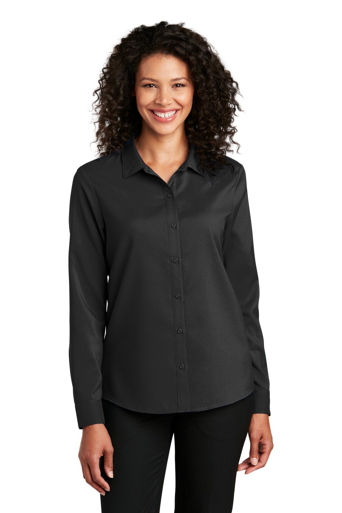 Front View of Black Port Authority Women's Long Sleeve Performance Staff Shirt LW401  - XL