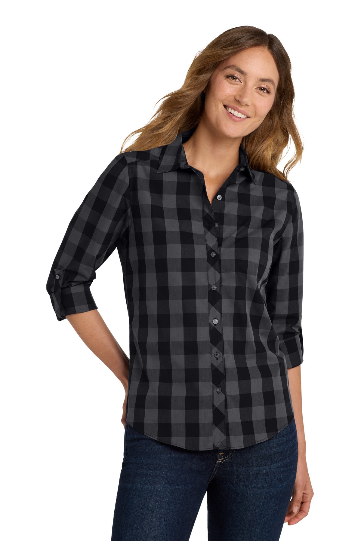 Front View of Black Port Authority Women's Everyday Plaid Shirt. LW670  - XXL