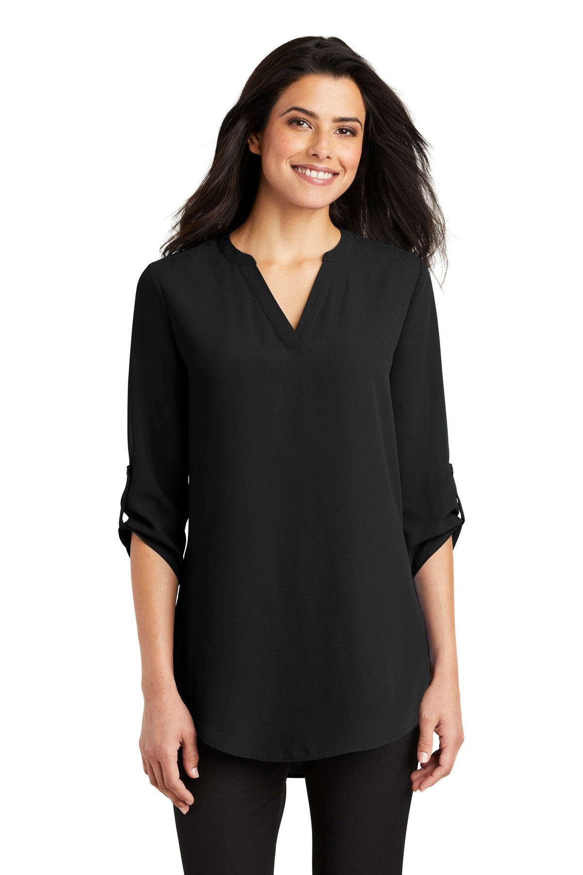 Front View of Black Port Authority Women's 3/4-Sleeve Tunic Blouse. LW701  - 4XL