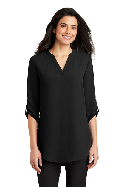 Front View of Black Port Authority Women's 3/4-Sleeve Tunic Blouse. LW701  - 4XL