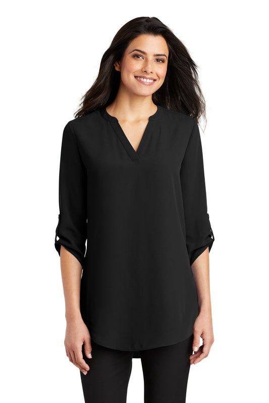 Front View of Black Port Authority Women's 3/4-Sleeve Tunic Blouse. LW701  - 4XL