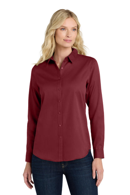 Front View of Burgundy Port Authority Women's Long Sleeve SuperPro React Twill Shirt. LW808  - XL