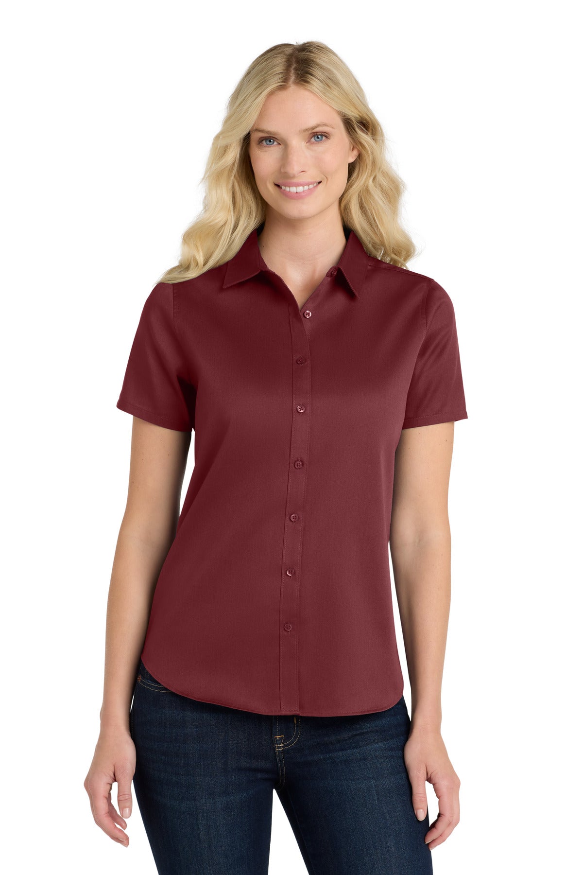 Front View of Burgundy Port Authority Women's Short Sleeve SuperPro React Twill Shirt. LW809  - XL