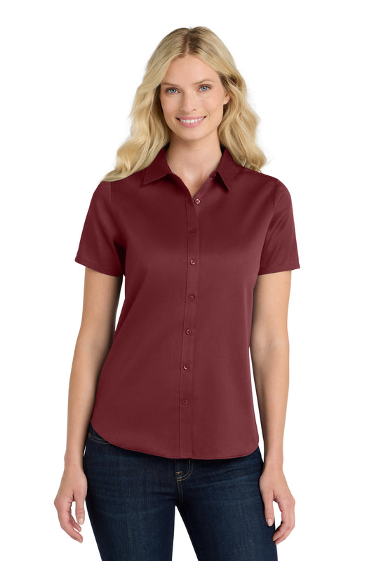 Front View of Burgundy Port Authority Women's Short Sleeve SuperPro React Twill Shirt. LW809  - XL