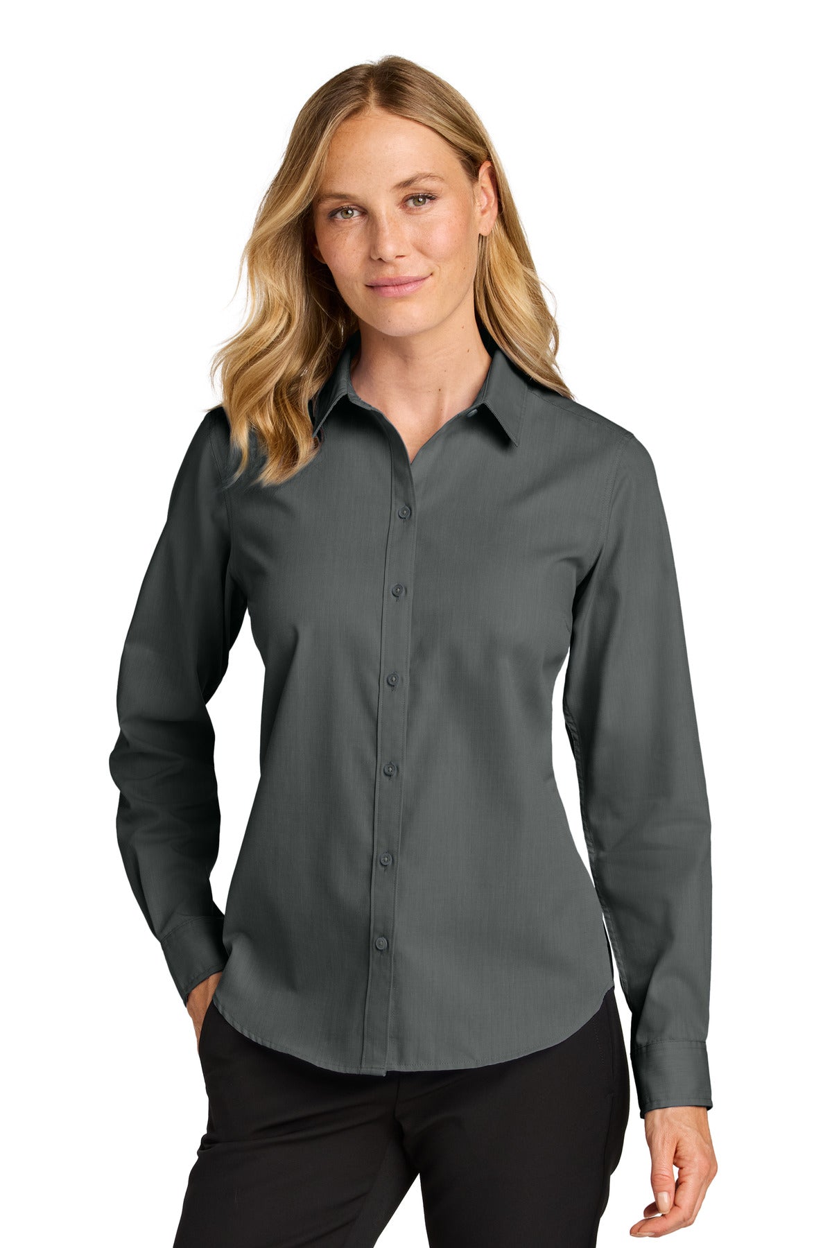 Front View of DeepBlack Port Authority Women's Long Sleeve Nailhead Easy Care Shirt LW816  - L