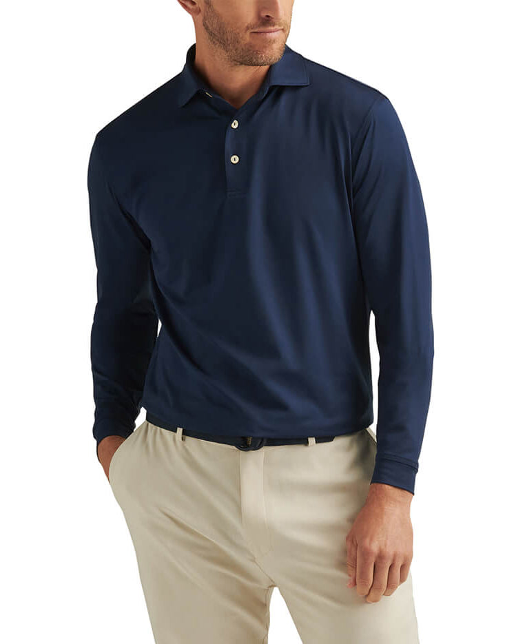Peter Millar Men's Solid Performance Long-Sleeve Jersey Polo - Navy - MD