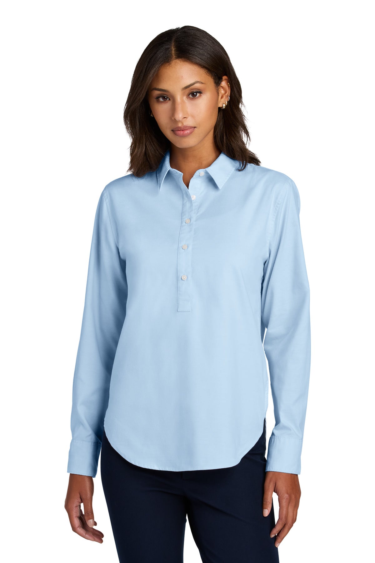 Front View of LightBlue Mercer+Mettle Women's Long Sleeve Modern Oxford Shirt MM2003  - XS