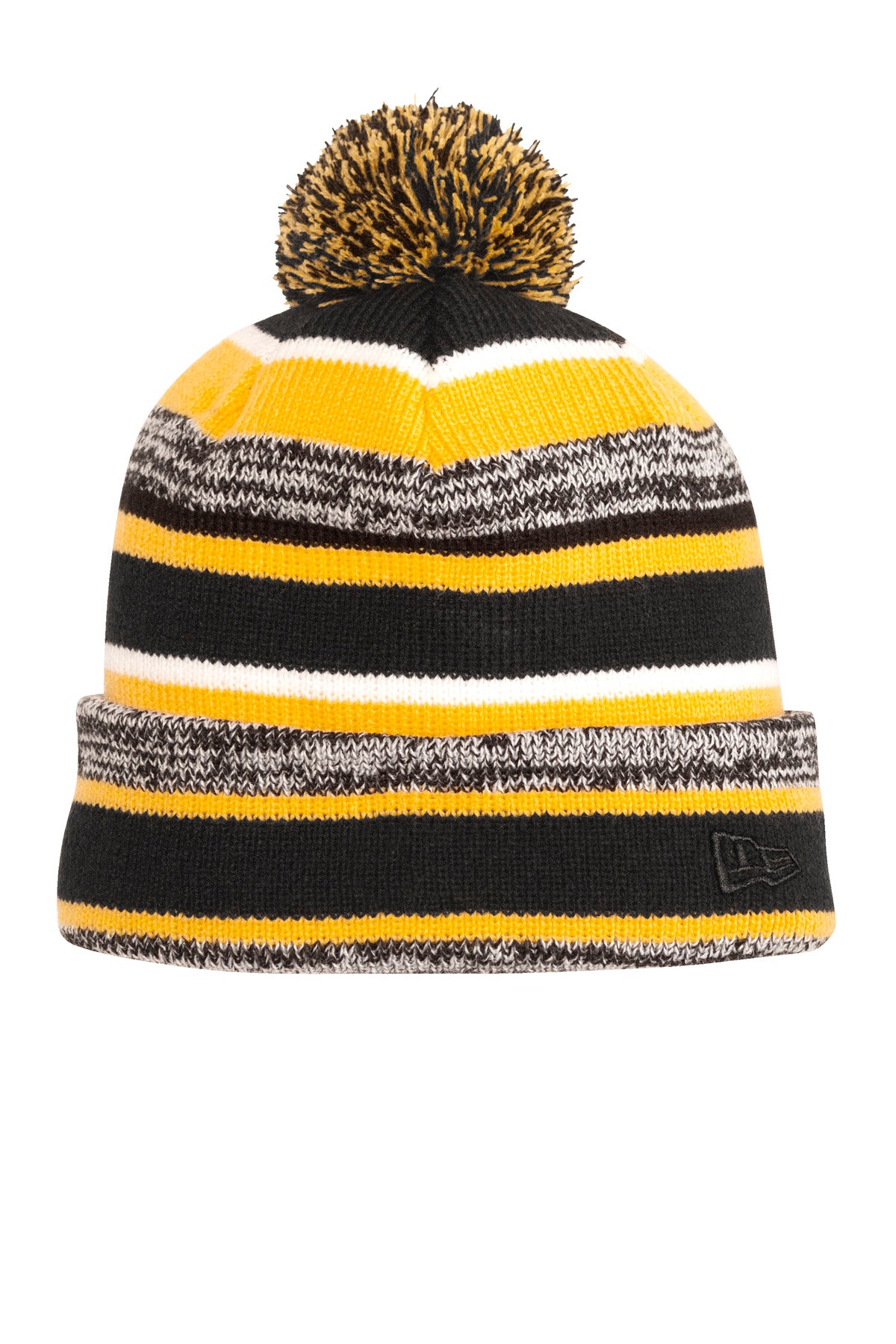 Front View of Black/Gold New Era Sideline Beanie. NE902