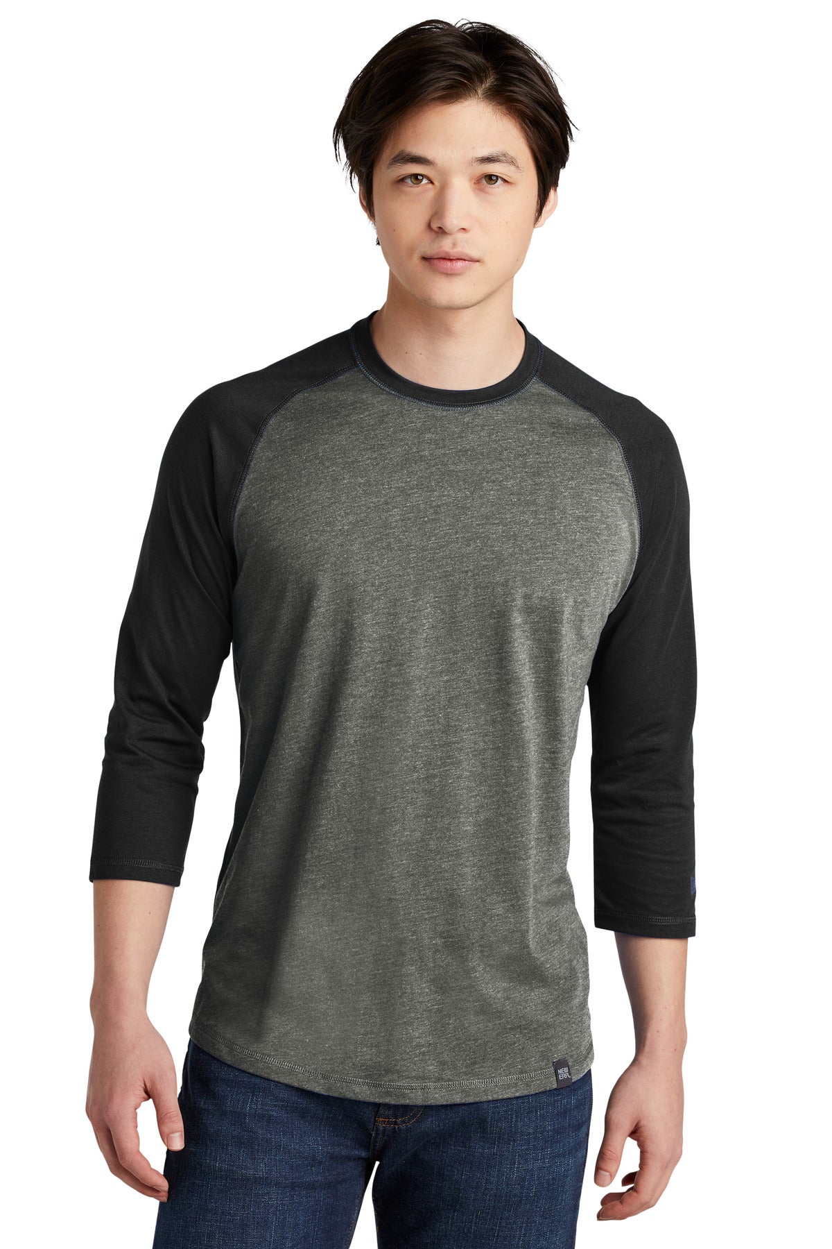 Front View of Black/Black Tw New Era Heritage Blend 3/4-Sleeve Baseball Raglan Tee. NEA104  - XS