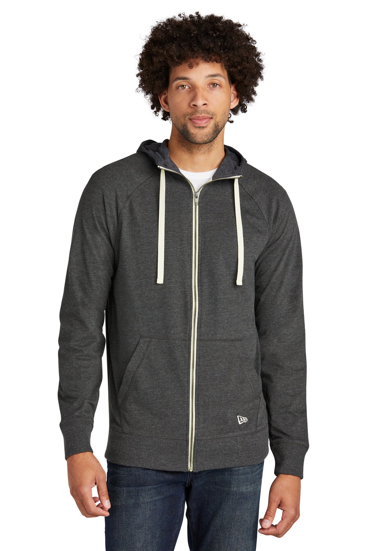 Front View of Black Heather New Era Sueded Cotton Blend Full-Zip Hoodie. NEA122  - XS