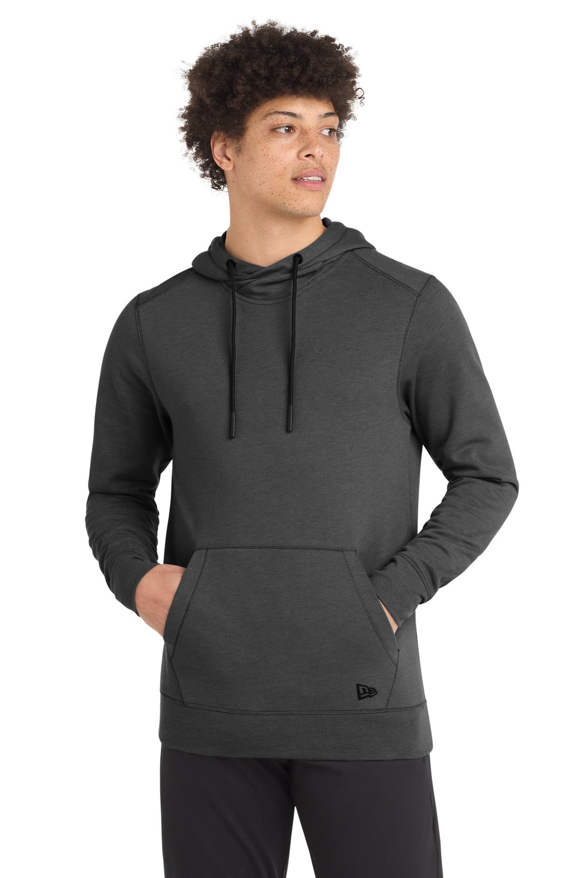 Front View of Black Heather New Era Tri-Blend Fleece Pullover Hoodie. NEA510  - XS