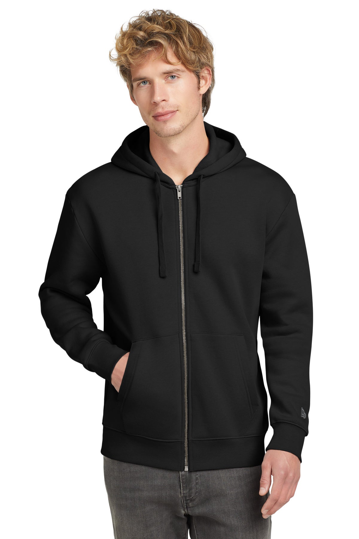 Front View of Black New Era Heritage Fleece Full-Zip Hoodie NEA526  - XS