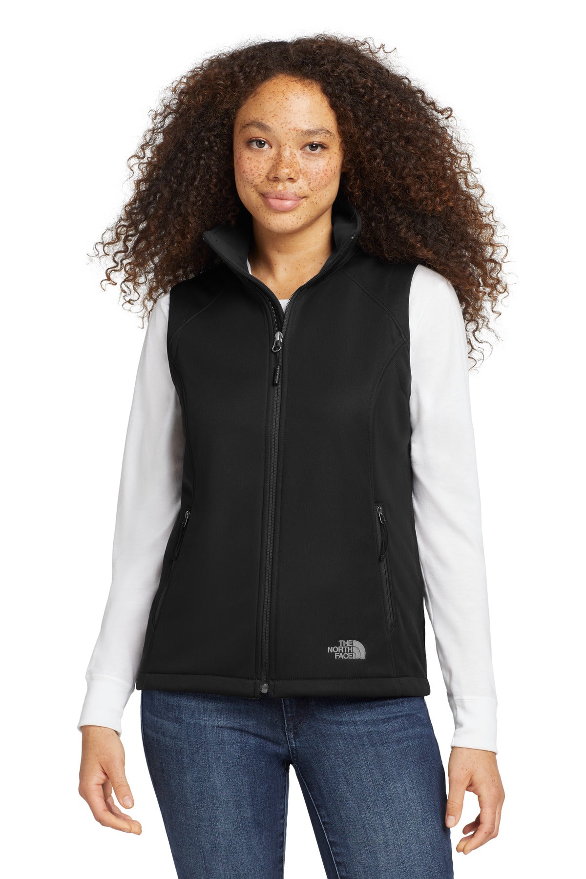 Front View of TNF Black The North Face Women's Ridgewall Soft Shell Vest. NF0A3LH1  - S