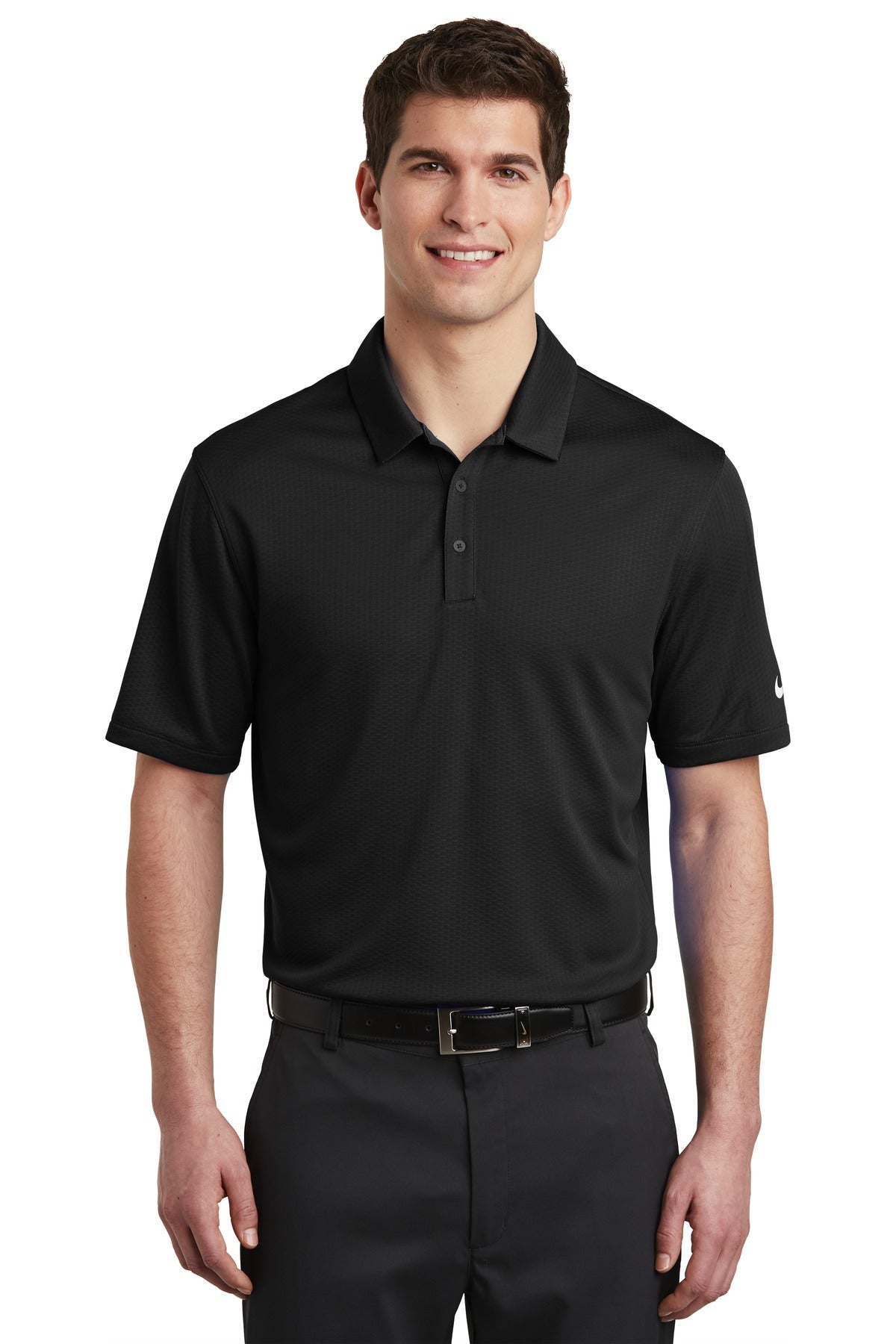 Front View of Black Nike Dri-FIT Hex Textured Polo. NKAH6266  - XS