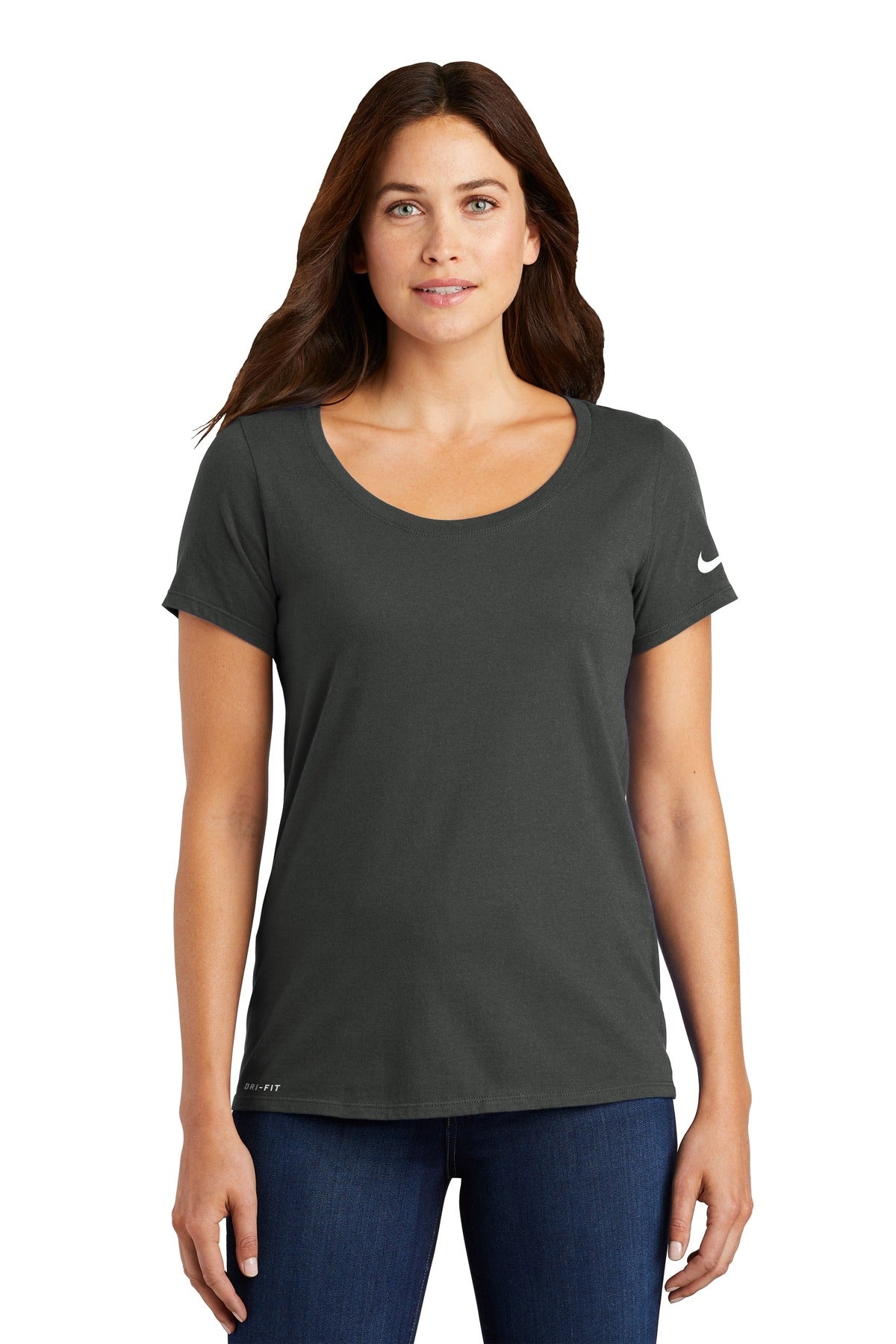 Front View of Anthracite Nike Women's Dri-FIT Cotton/Poly Scoop Neck Tee. NKBQ5234  - S