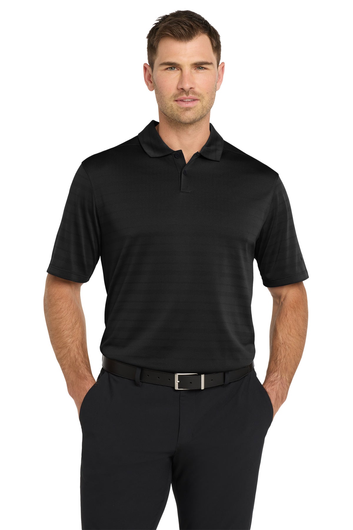 Front View of Black Nike Dri-FIT Vapor Jacquard Polo NKDC2115  - XS