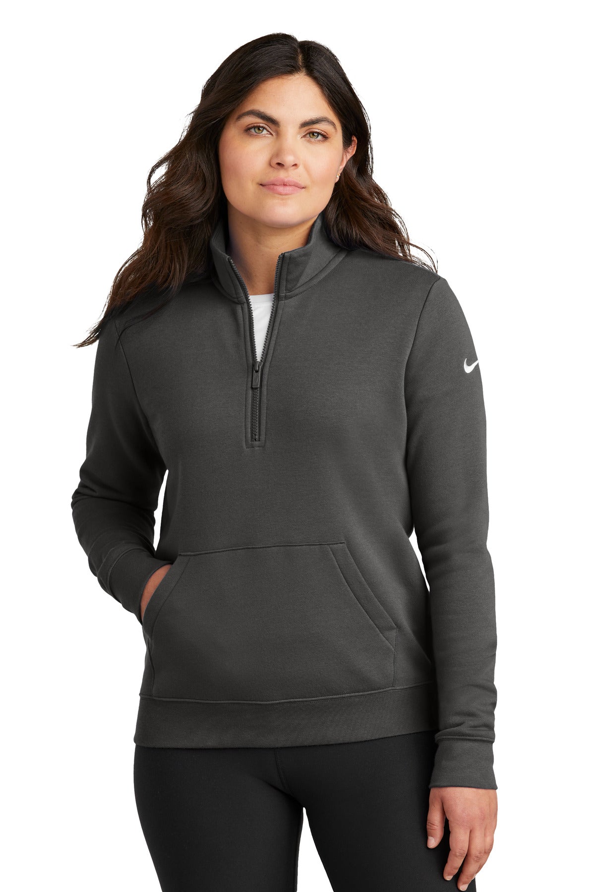 Front View of Anthracite Nike Women's Club Fleece Sleeve Swoosh 1/2-Zip NKDX6720  - S