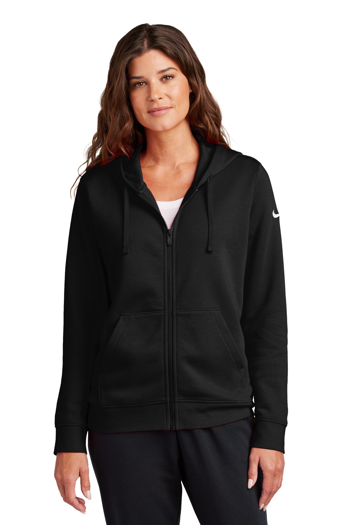 Front View of Black Nike Women's Club Fleece Sleeve Swoosh Full-Zip Hoodie NKFD9890  - S