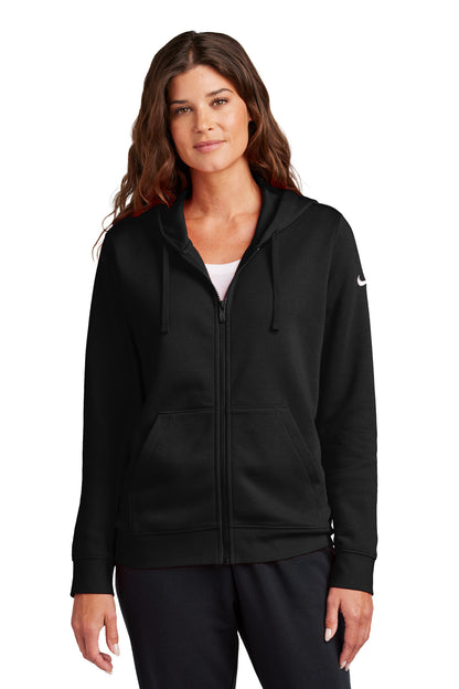 Front View of Black Nike Women's Club Fleece Sleeve Swoosh Full-Zip Hoodie NKFD9890  - S