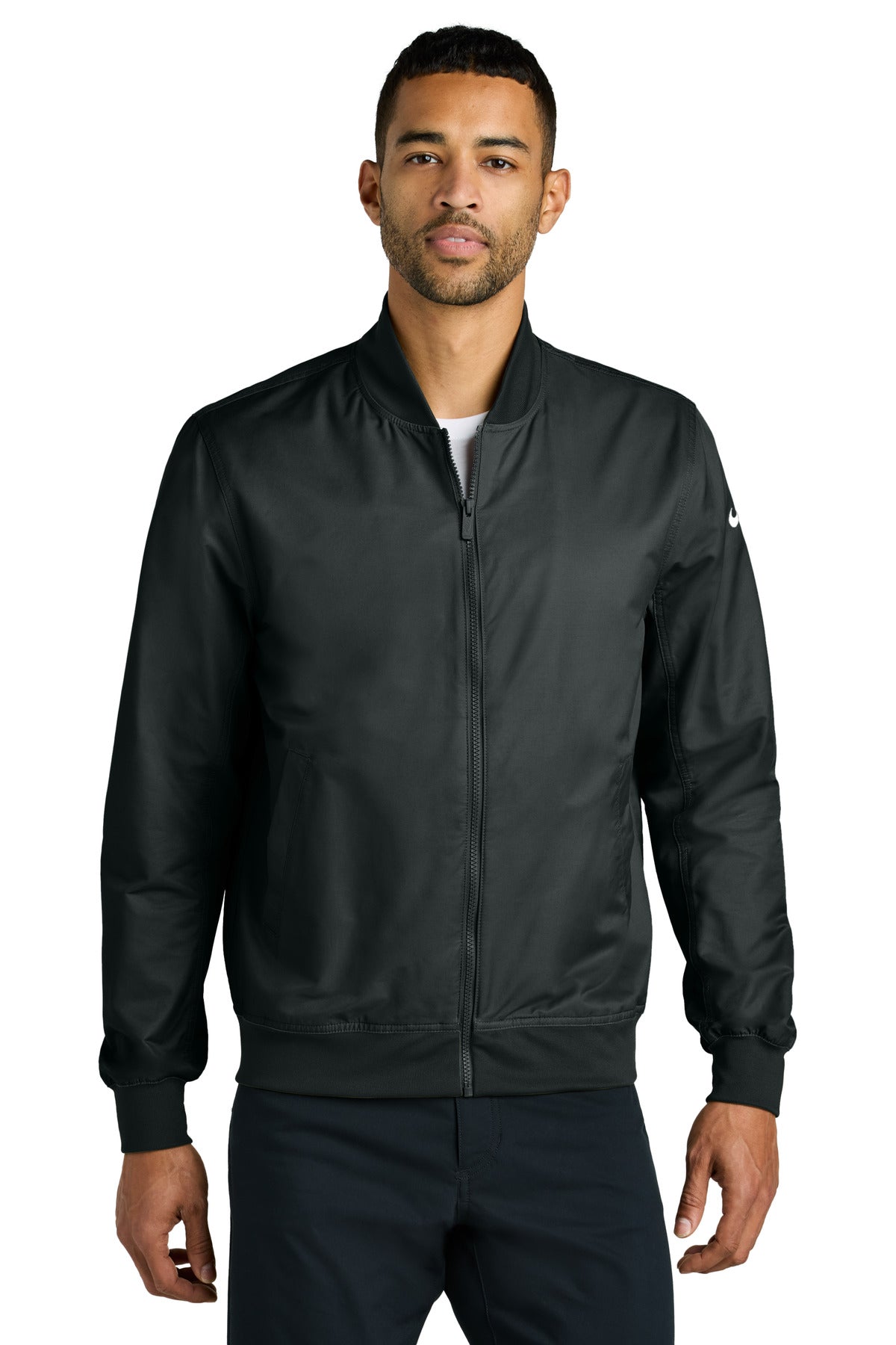 Front View of Black Nike Bomber Jacket NKFQ4759  - XS