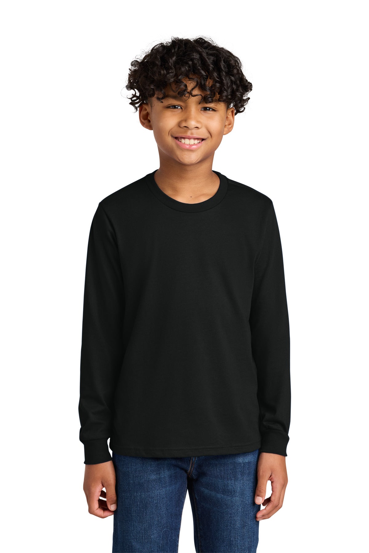 Front View of Black Next Level Apparel Youth Cotton Long Sleeve Tee NL3311  - XS