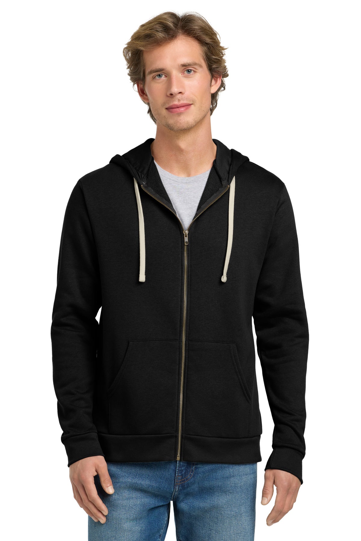 Front View of Black Next Level Apparel Adult Santa Barbara Zip Hoodie. NL9602  - XS