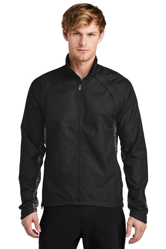 Front View of Blacktop OGIO Trainer Jacket. OE710  - XS