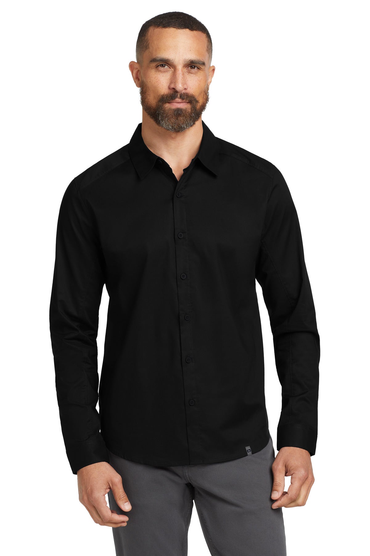 Front View of Blacktop OGIO Commuter Woven Shirt. OG1002  - XS